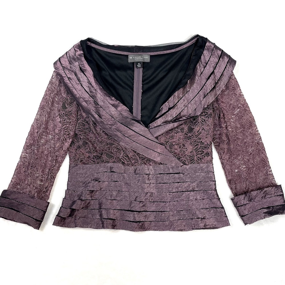 Vintage Y2K KM Collections Organza Lace Pleated Peplum Purple Plum Blouse 12